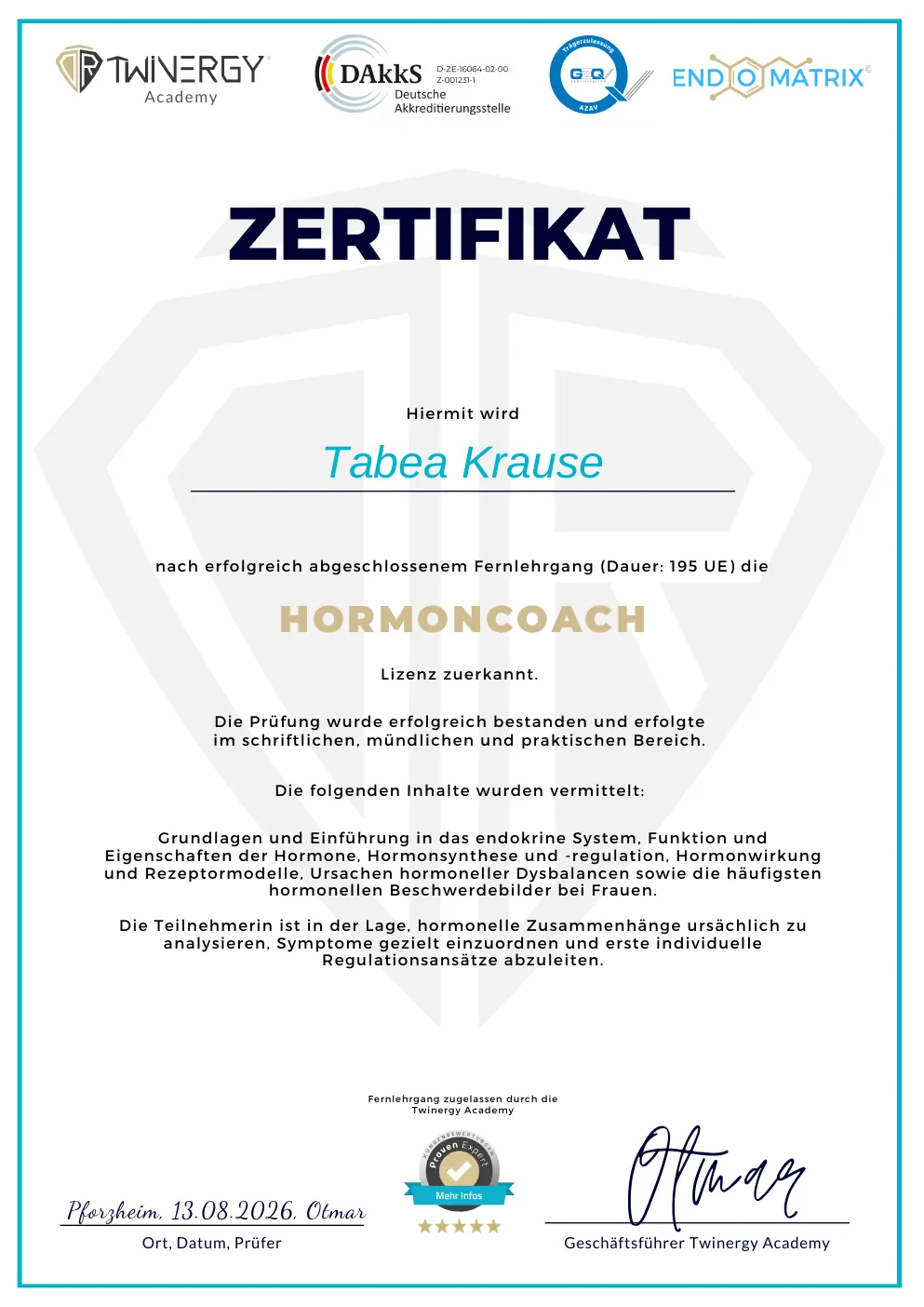 Zertifikat Hormoncoach für Tabea Krause, Twinergy Academy, 195 Unterrichtseinheiten
