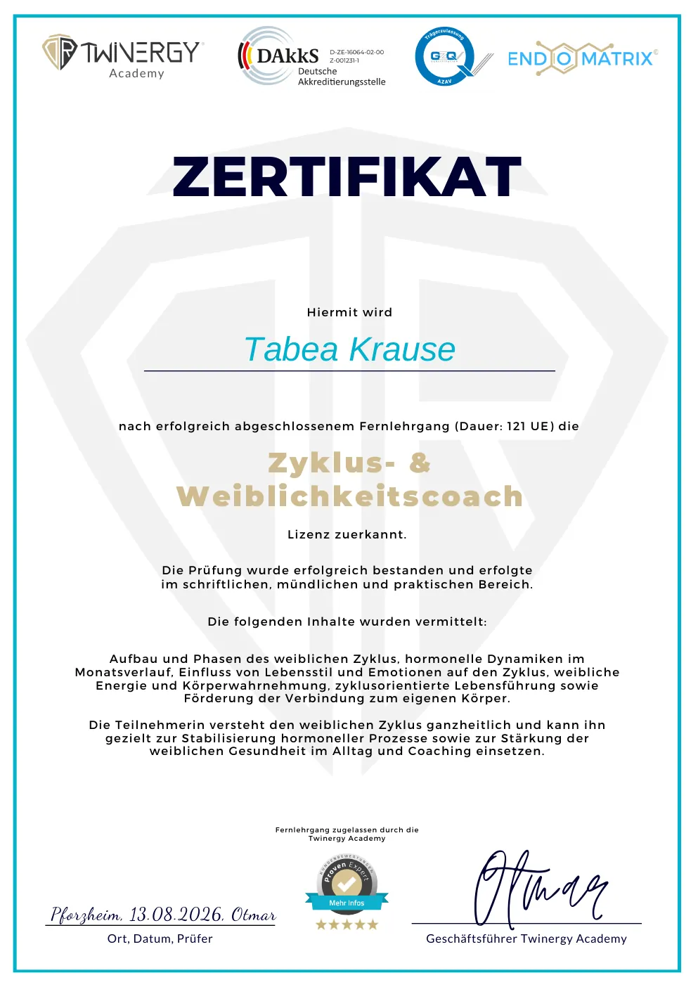 Zertifikat Zyklus- und Weiblichkeitscoach für Tabea Krause, Twinergy Academy, 121 Unterrichtseinheiten